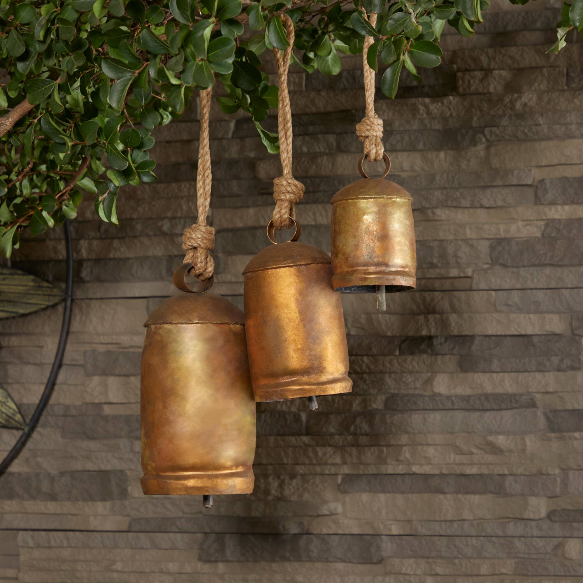 Gold Metal Rustic Decorative Cow Bell, Set of 3" 22", 18", 12"